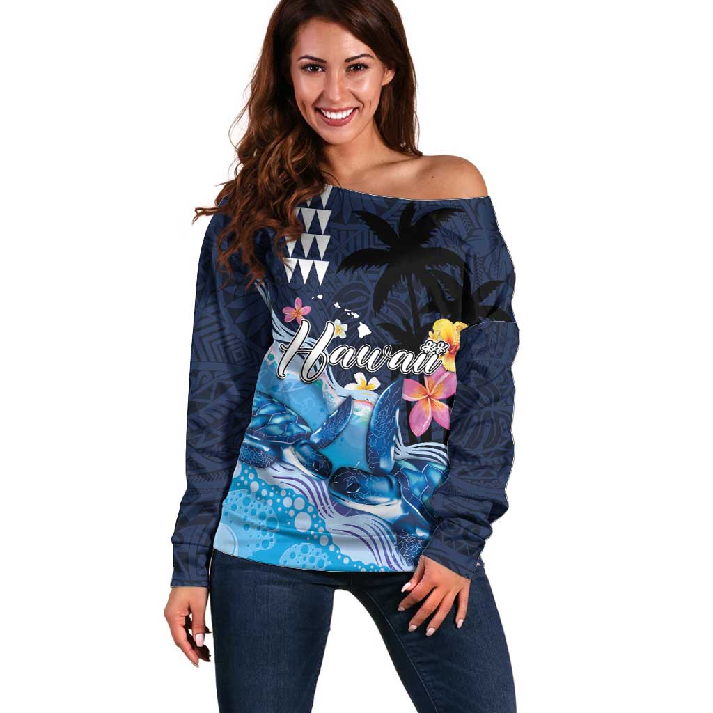 Hawaiian Honu Honi Ihu Off Shoulder Sweater With Plumeria and Kakau Art Pattern LT03 Women Dark Blue - Polynesian Pride