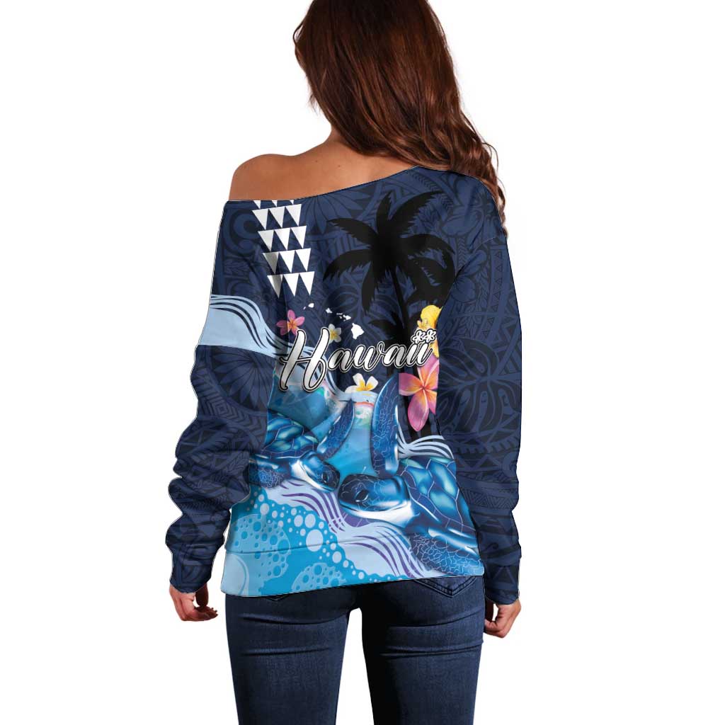 Hawaiian Honu Honi Ihu Off Shoulder Sweater With Plumeria and Kakau Art Pattern LT03 - Polynesian Pride