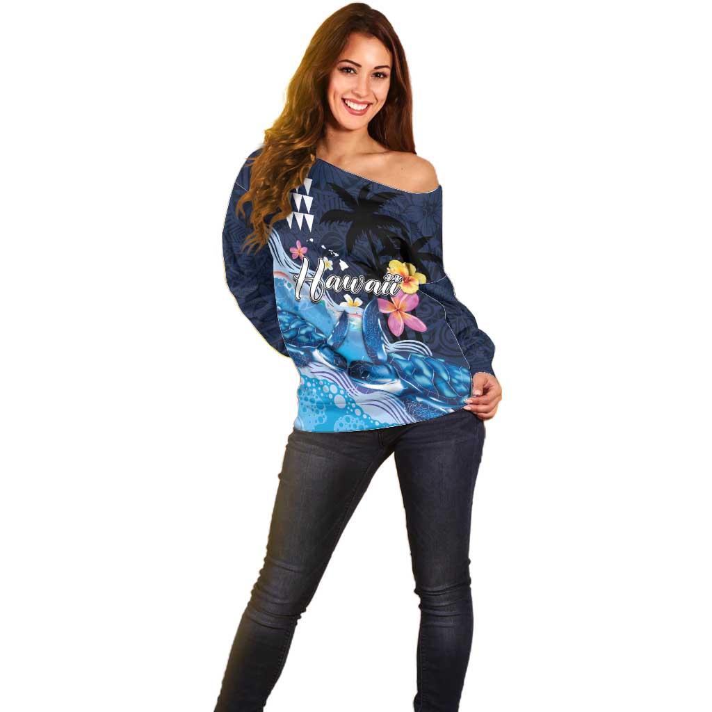 Hawaiian Honu Honi Ihu Off Shoulder Sweater With Plumeria and Kakau Art Pattern LT03 - Polynesian Pride