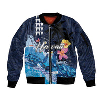 Hawaiian Honu Honi Ihu Sleeve Zip Bomber Jacket With Plumeria and Kakau Art Pattern LT03 Unisex Dark Blue - Polynesian Pride
