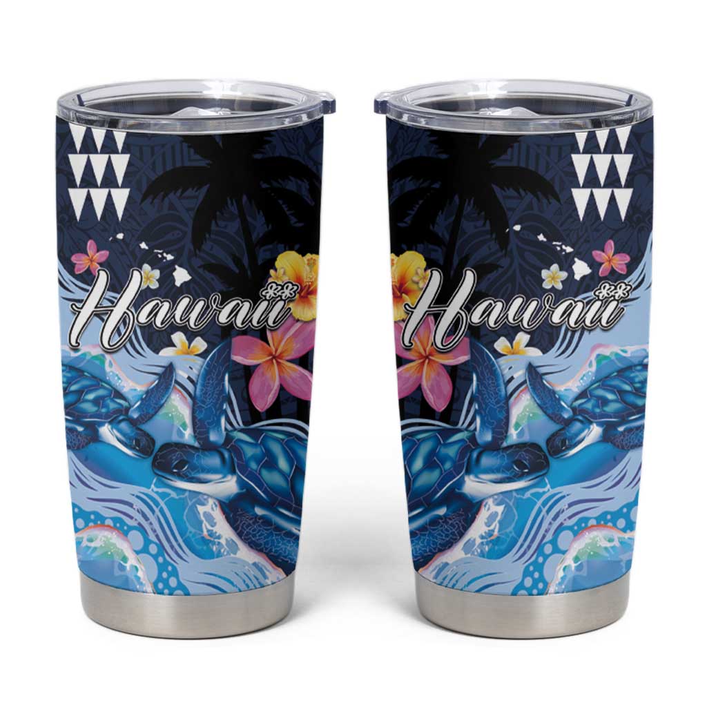 Hawaiian Honu Honi Ihu Tumbler Cup With Plumeria and Kakau Art Pattern LT03 Dark Blue - Polynesian Pride