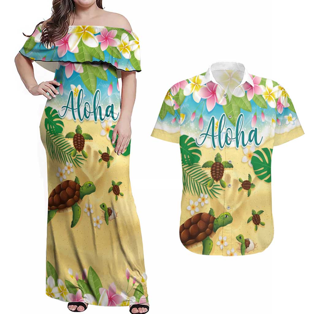 Aloha Turtle Family on The Beach Couples Matching Off Shoulder Maxi Dress and Hawaiian Shirt with Hawaiian Colorful Plumeria