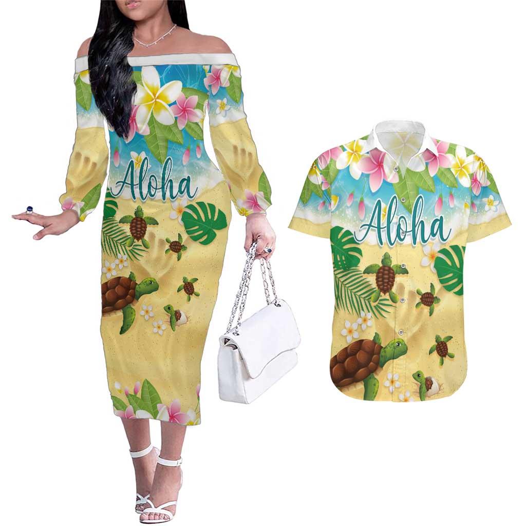 Aloha Turtle Family on The Beach Couples Matching Off The Shoulder Long Sleeve Dress and Hawaiian Shirt with Hawaiian Colorful Plumeria