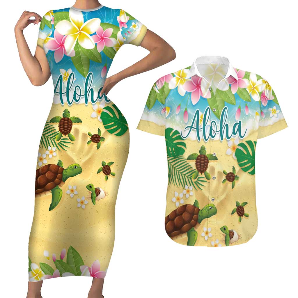 Aloha Turtle Family on The Beach Couples Matching Short Sleeve Bodycon Dress and Hawaiian Shirt with Hawaiian Colorful Plumeria