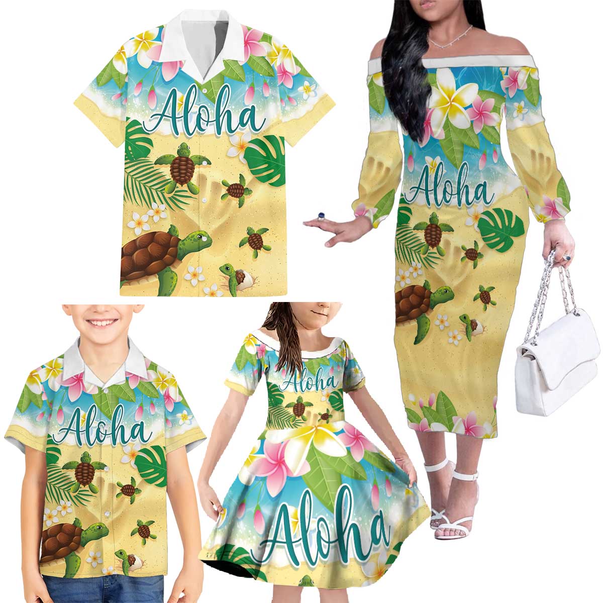 Aloha Turtle Family on The Beach Family Matching Off The Shoulder Long Sleeve Dress and Hawaiian Shirt with Hawaiian Colorful Plumeria