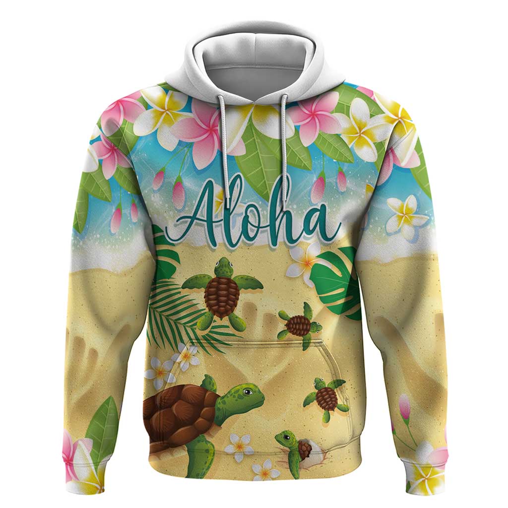 Aloha Turtle Family on The Beach Hoodie with Hawaiian Colorful Plumeria LT03 Pullover Hoodie Beige - Polynesian Pride