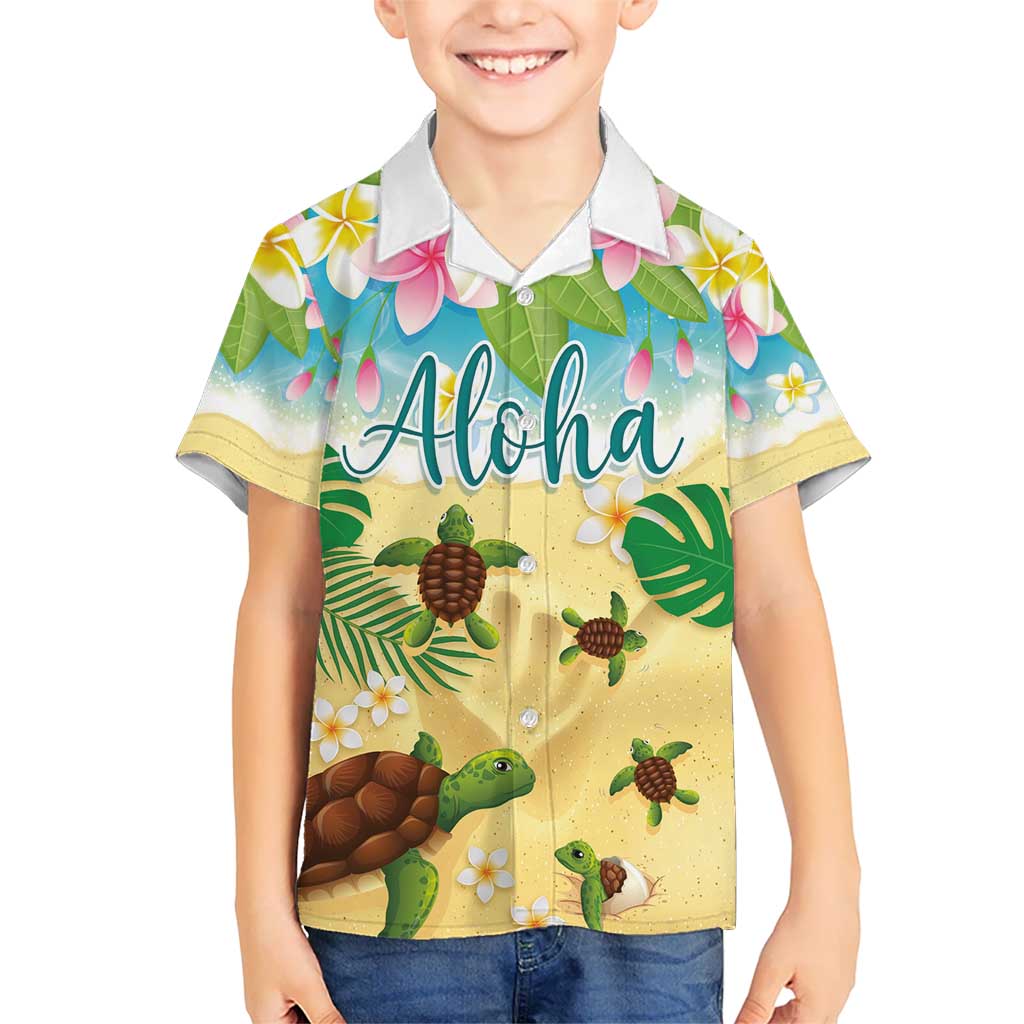 Aloha Turtle Family on The Beach Kid Hawaiian Shirt with Hawaiian Colorful Plumeria LT03 Kid Beige - Polynesian Pride
