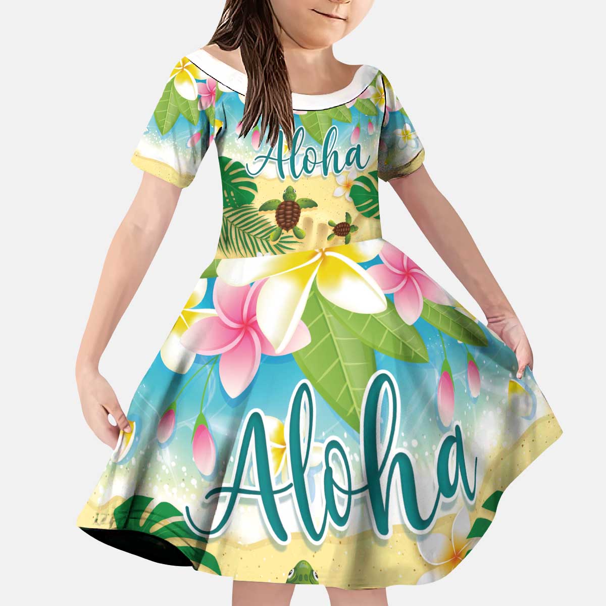 Aloha Turtle Family on The Beach Kid Short Sleeve Dress with Hawaiian Colorful Plumeria LT03 KID Beige - Polynesian Pride