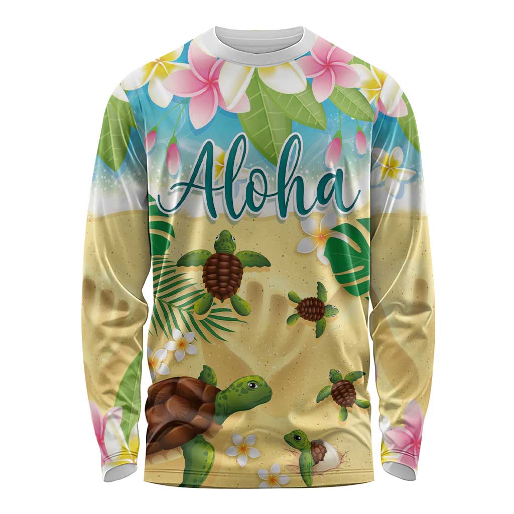 Aloha Turtle Family on The Beach Long Sleeve Shirt with Hawaiian Colorful Plumeria LT03 Unisex Beige - Polynesian Pride