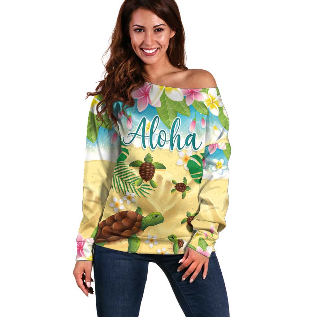 Aloha Turtle Family on The Beach Off Shoulder Sweater with Hawaiian Colorful Plumeria LT03 Women Beige - Polynesian Pride