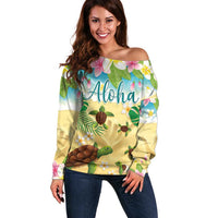 Aloha Turtle Family on The Beach Off Shoulder Sweater with Hawaiian Colorful Plumeria LT03 Women Beige - Polynesian Pride