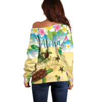 Aloha Turtle Family on The Beach Off Shoulder Sweater with Hawaiian Colorful Plumeria LT03 - Polynesian Pride