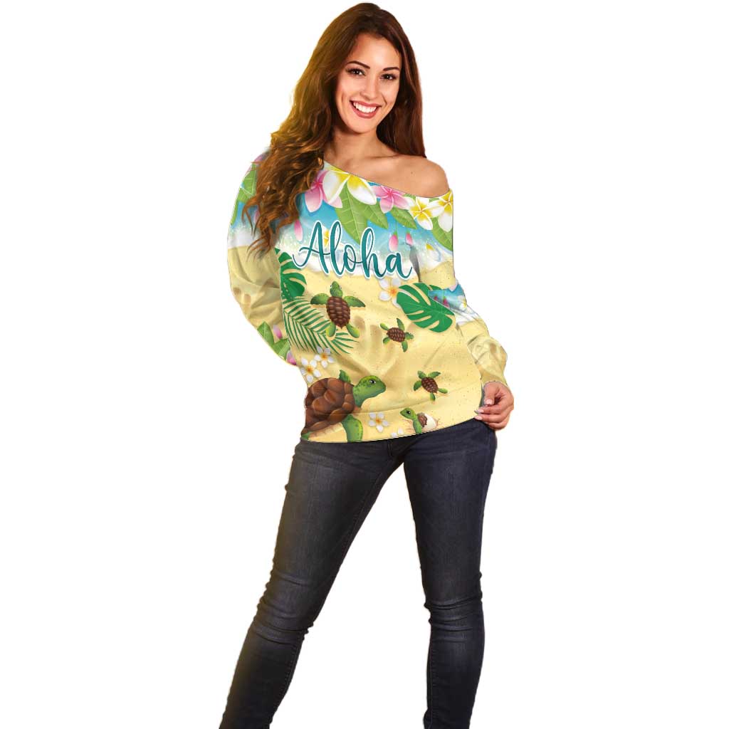 Aloha Turtle Family on The Beach Off Shoulder Sweater with Hawaiian Colorful Plumeria LT03 - Polynesian Pride