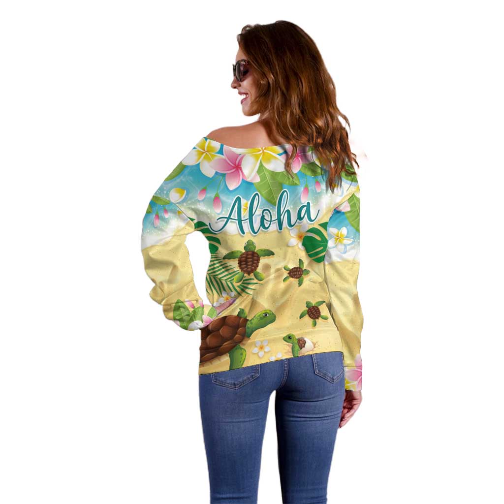 Aloha Turtle Family on The Beach Off Shoulder Sweater with Hawaiian Colorful Plumeria LT03 - Polynesian Pride