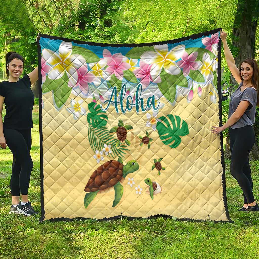 Aloha Turtle Family on The Beach Quilt with Hawaiian Colorful Plumeria LT03 - Polynesian Pride