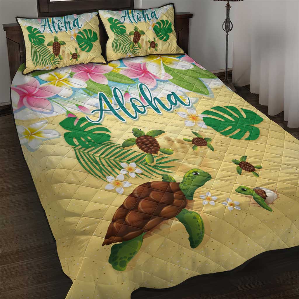 Aloha Turtle Family on The Beach Quilt Bed Set with Hawaiian Colorful Plumeria LT03 Beige - Polynesian Pride