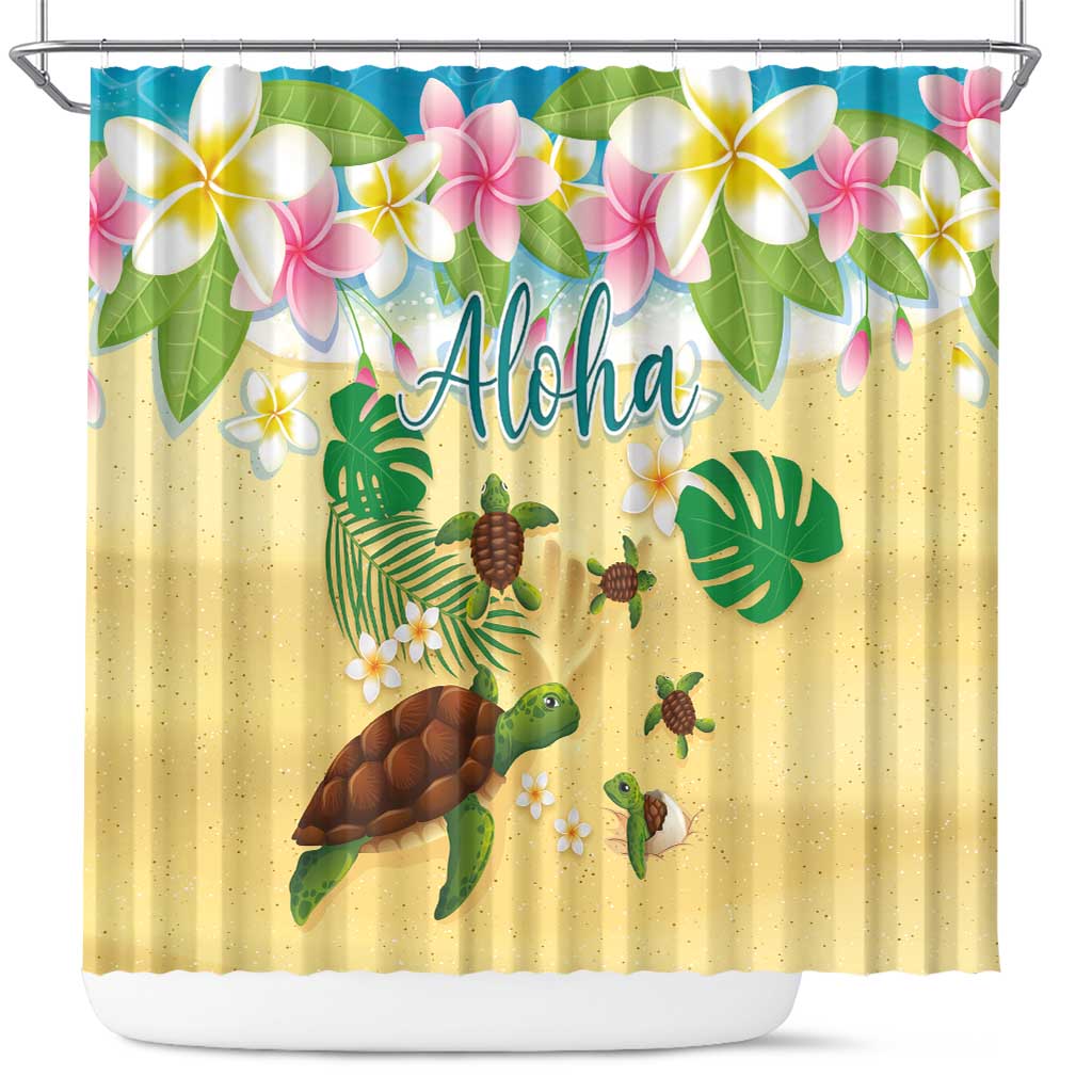Aloha Turtle Family on The Beach Shower Curtain with Hawaiian Colorful Plumeria LT03 Beige - Polynesian Pride
