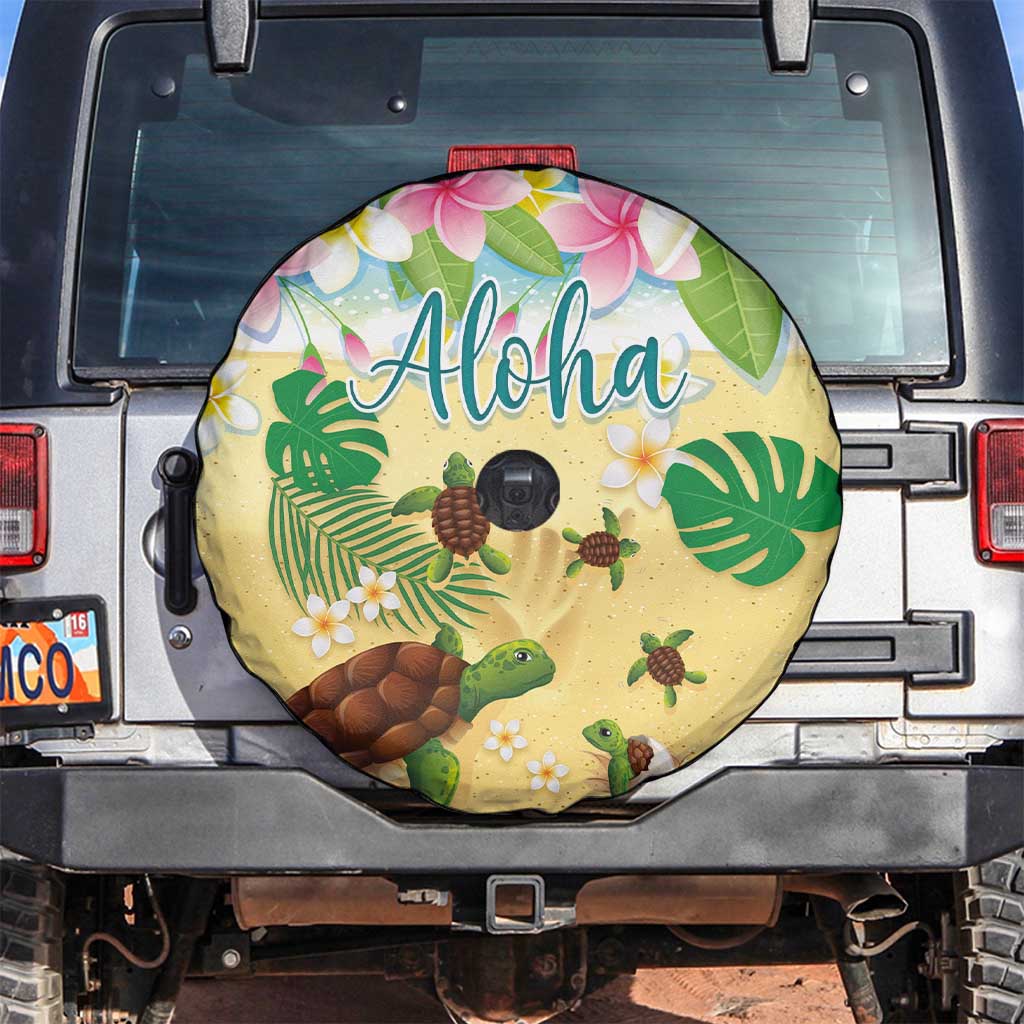 Aloha Turtle Family on The Beach Spare Tire Cover with Hawaiian Colorful Plumeria