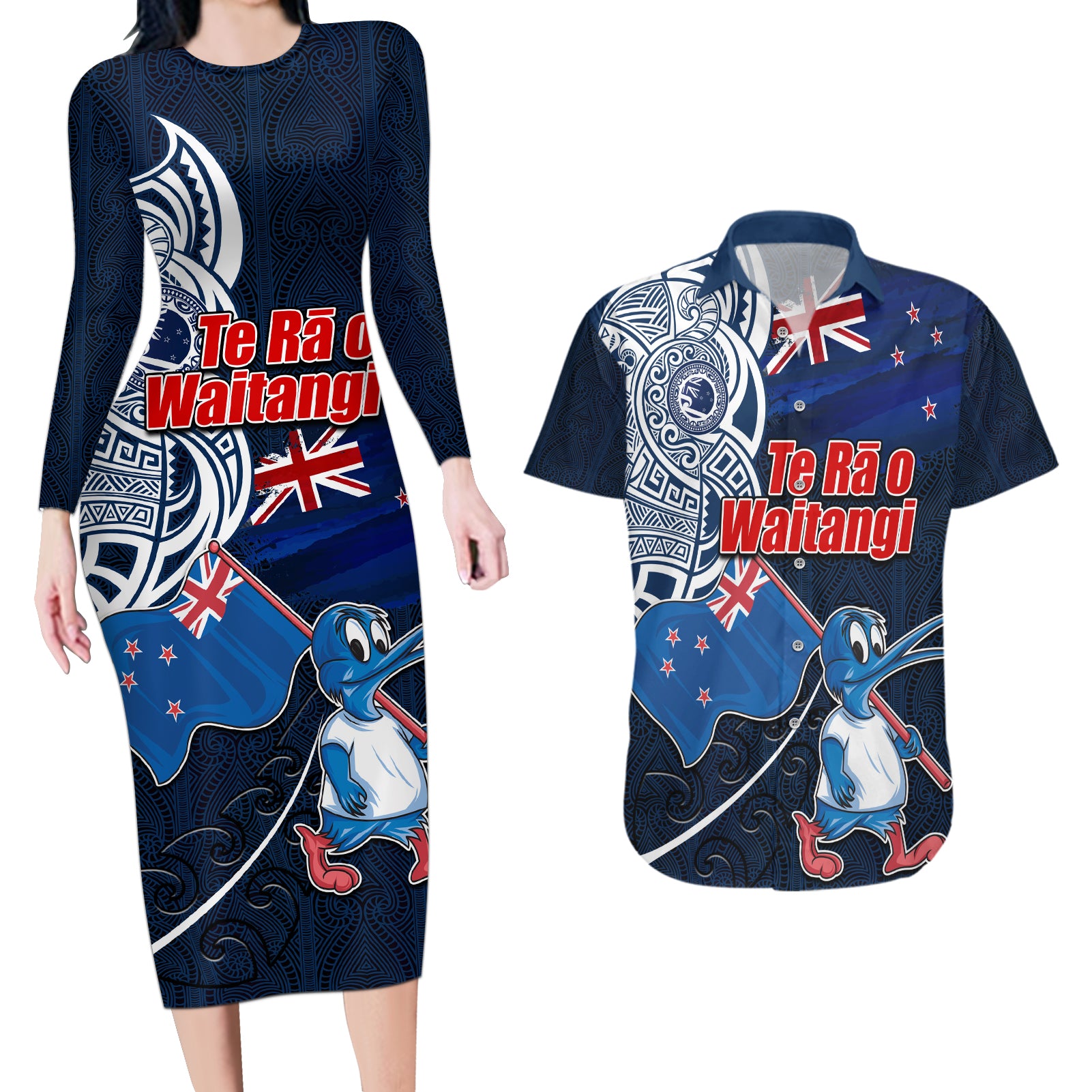 New Zealand Waitangi Couples Matching Long Sleeve Bodycon Dress and Hawaiian Shirt Te Ra O Waitangi Maori Kiwis Bird LT03 Blue - Polynesian Pride