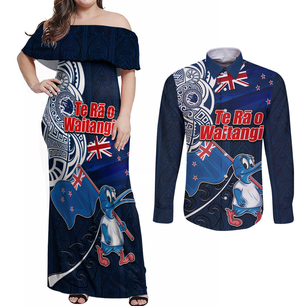 New Zealand Waitangi Couples Matching Off Shoulder Maxi Dress and Long Sleeve Button Shirt Te Ra O Waitangi Maori Kiwis Bird LT03 Blue - Polynesian Pride