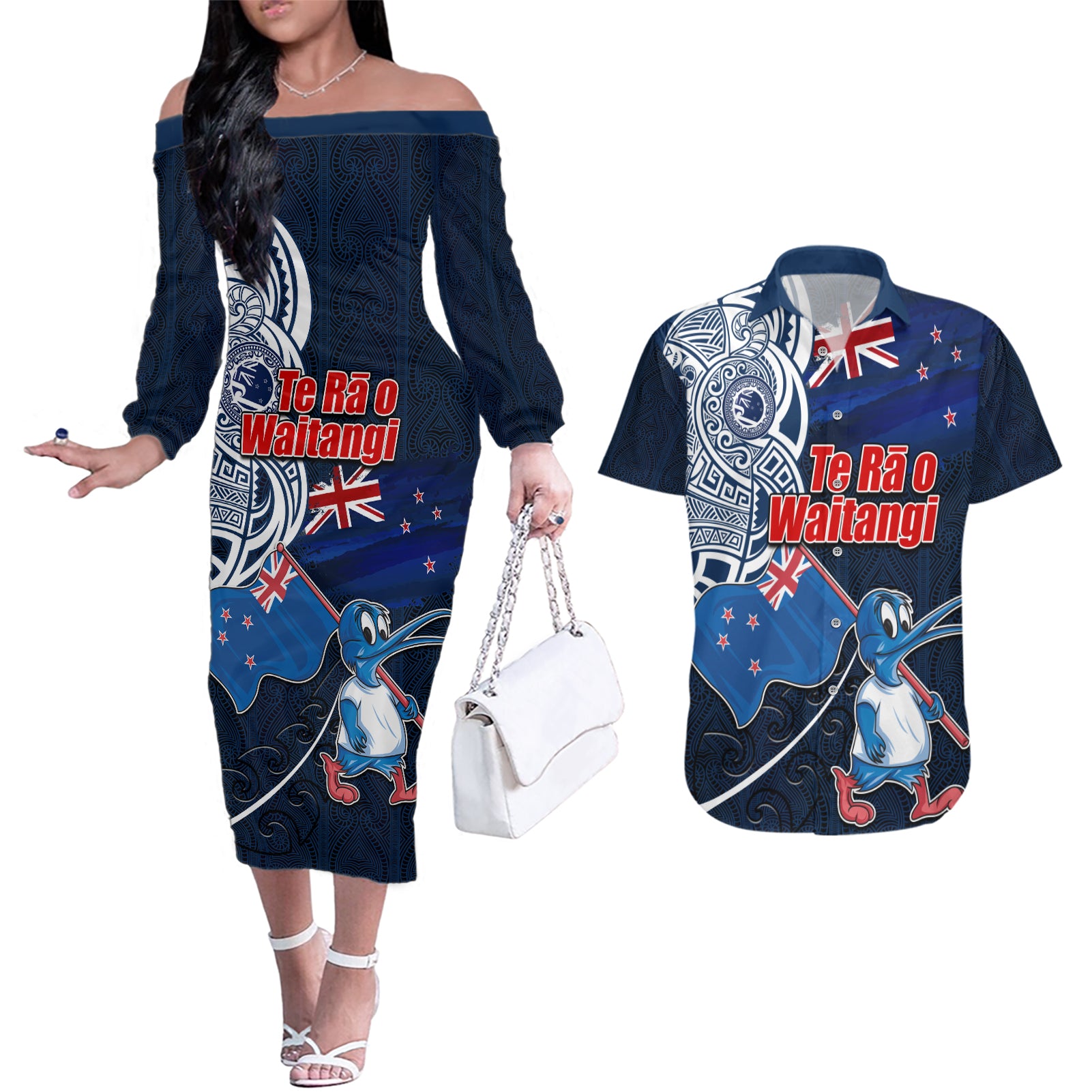 New Zealand Waitangi Couples Matching Off The Shoulder Long Sleeve Dress and Hawaiian Shirt Te Ra O Waitangi Maori Kiwis Bird LT03 Blue - Polynesian Pride