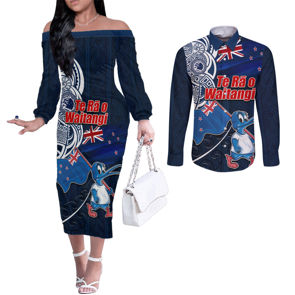 New Zealand Waitangi Couples Matching Off The Shoulder Long Sleeve Dress and Long Sleeve Button Shirt Te Ra O Waitangi Maori Kiwis Bird LT03 Blue - Polynesian Pride