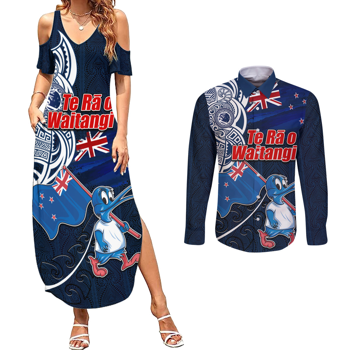 New Zealand Waitangi Couples Matching Summer Maxi Dress and Long Sleeve Button Shirt Te Ra O Waitangi Maori Kiwis Bird LT03 Blue - Polynesian Pride