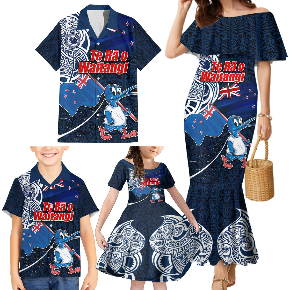 New Zealand Waitangi Family Matching Mermaid Dress and Hawaiian Shirt Te Ra O Waitangi Maori Kiwis Bird LT03 - Polynesian Pride