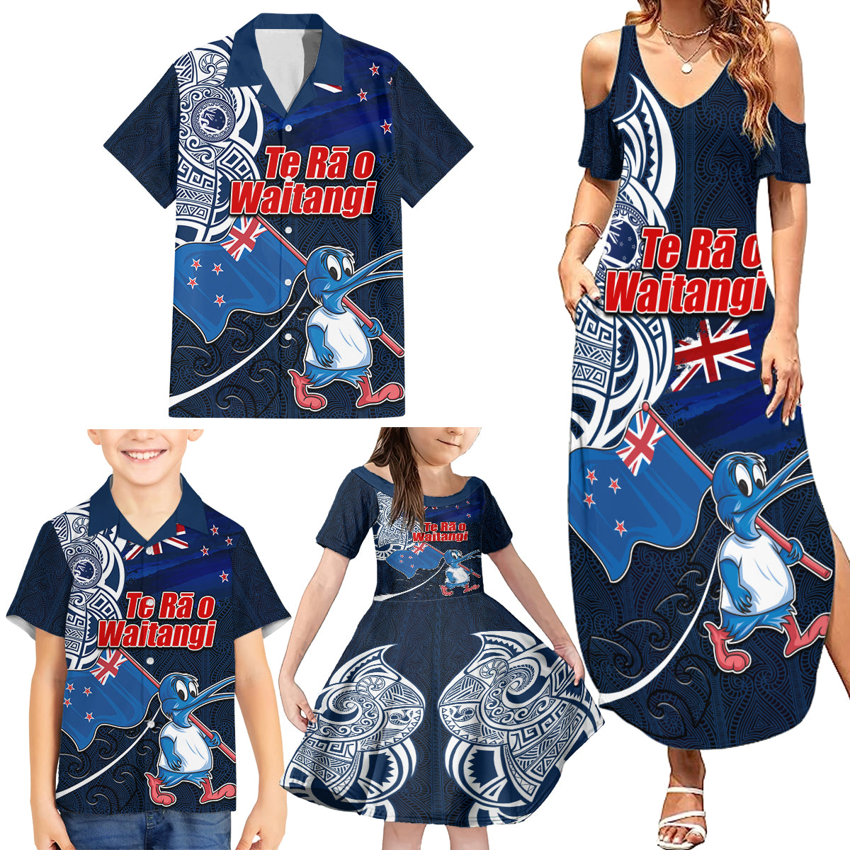 New Zealand Waitangi Family Matching Summer Maxi Dress and Hawaiian Shirt Te Ra O Waitangi Maori Kiwis Bird LT03 - Polynesian Pride