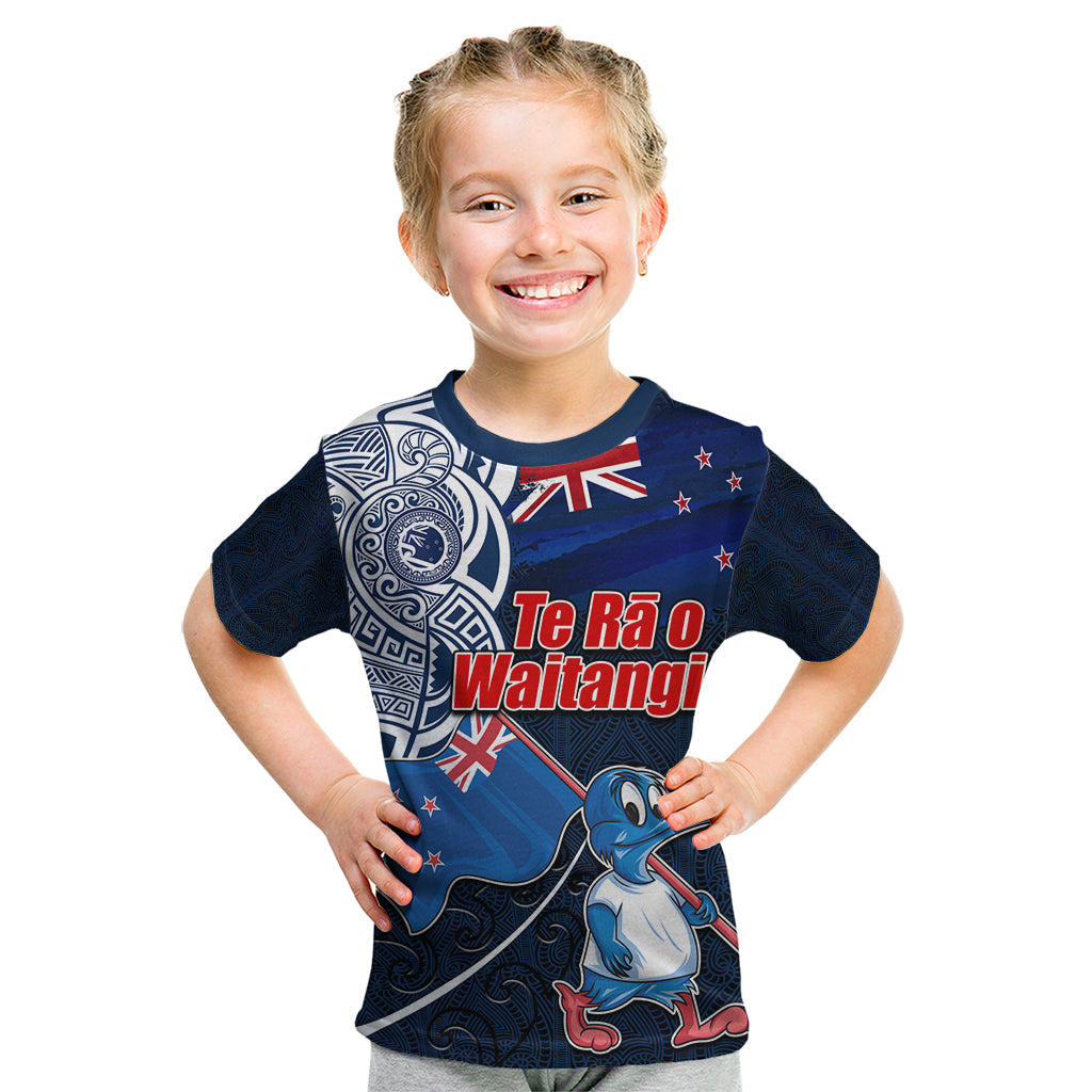 New Zealand Waitangi Kid T Shirt Te Ra O Waitangi Maori Kiwis Bird LT03 Blue - Polynesian Pride