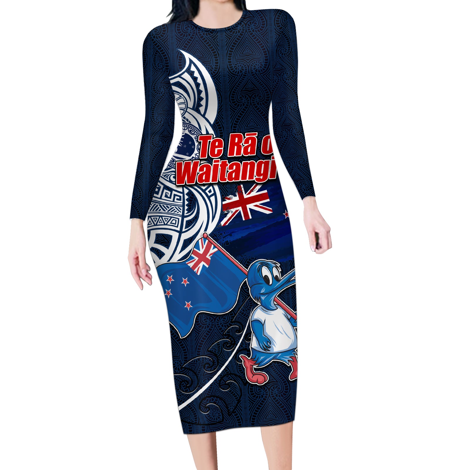 New Zealand Waitangi Long Sleeve Bodycon Dress Te Ra O Waitangi Maori Kiwis Bird LT03 Long Dress Blue - Polynesian Pride