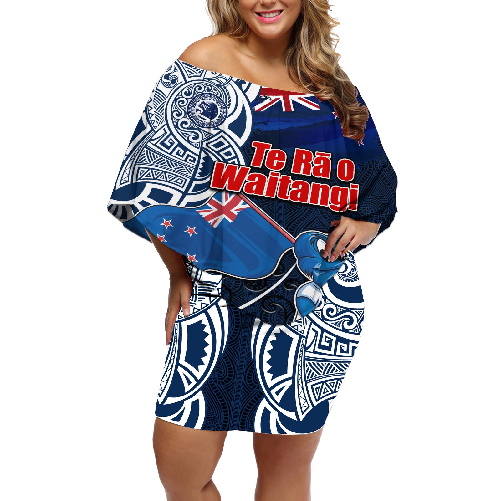 New Zealand Waitangi Off Shoulder Short Dress Te Ra O Waitangi Maori Kiwis Bird LT03 Women Blue - Polynesian Pride