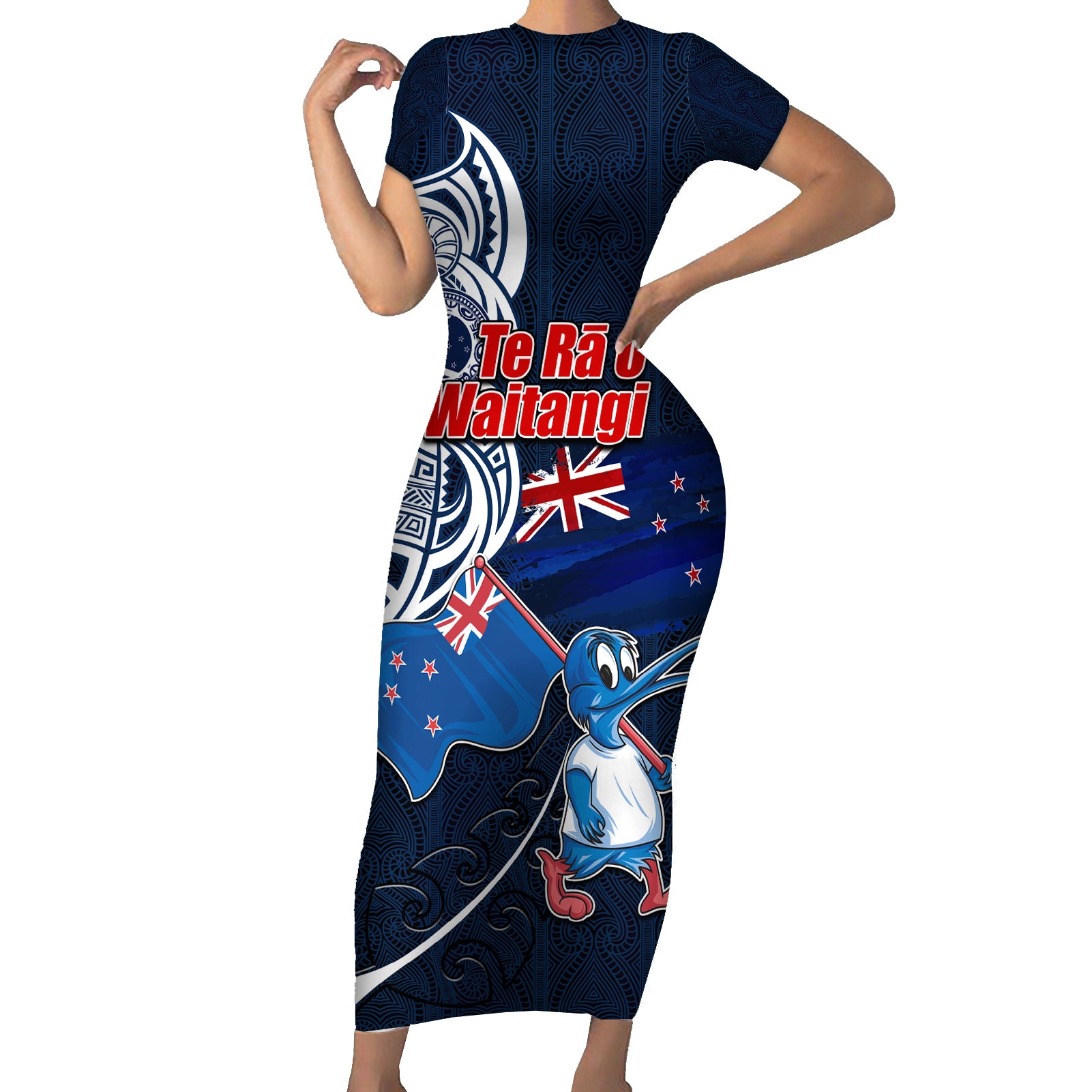 New Zealand Waitangi Short Sleeve Bodycon Dress Te Ra O Waitangi Maori Kiwis Bird LT03 Long Dress Blue - Polynesian Pride