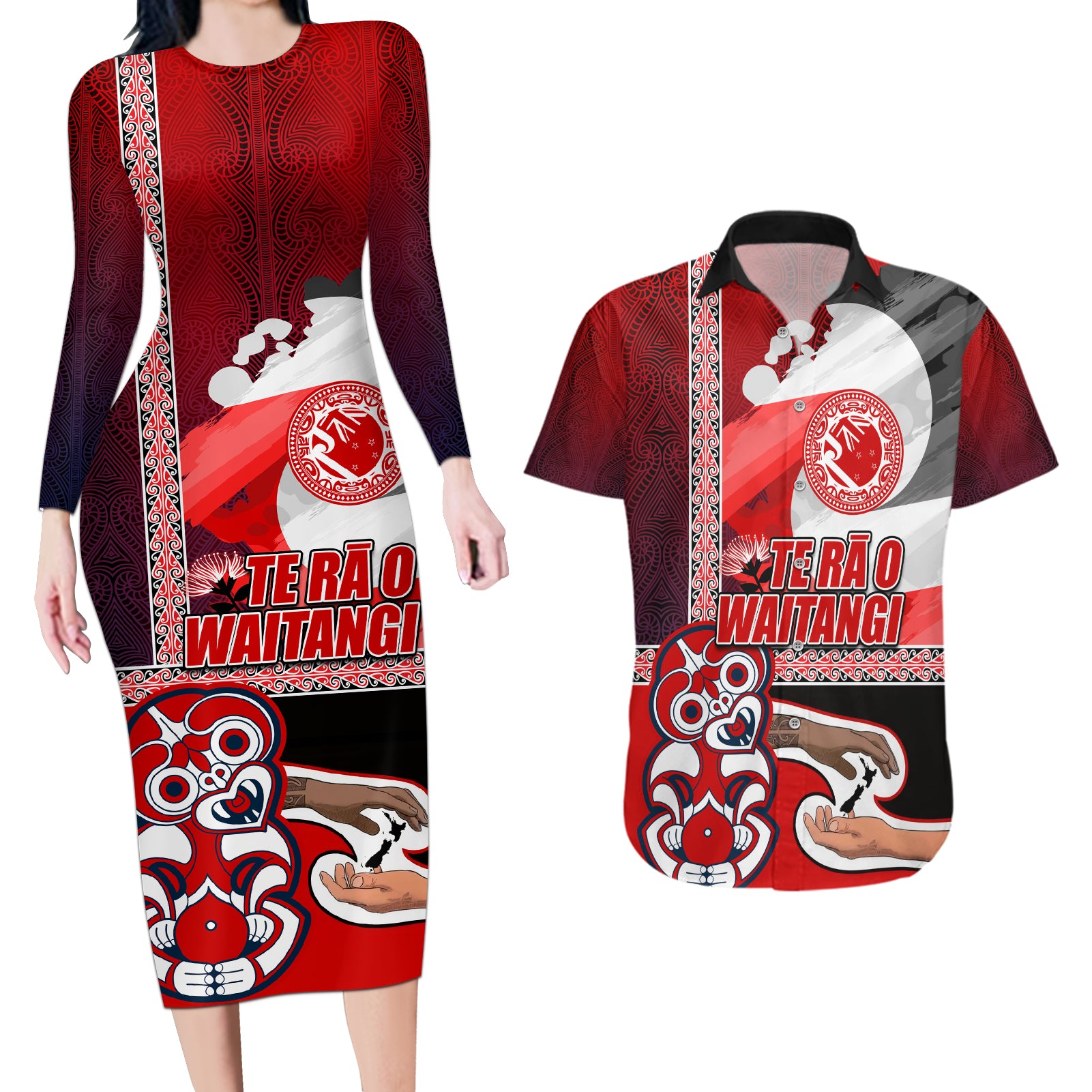 Maori Waitangi Couples Matching Long Sleeve Bodycon Dress and Hawaiian Shirt Hei-tiki Koru with Tino Rangatiratanga Maori Flag LT03 Red - Polynesian Pride