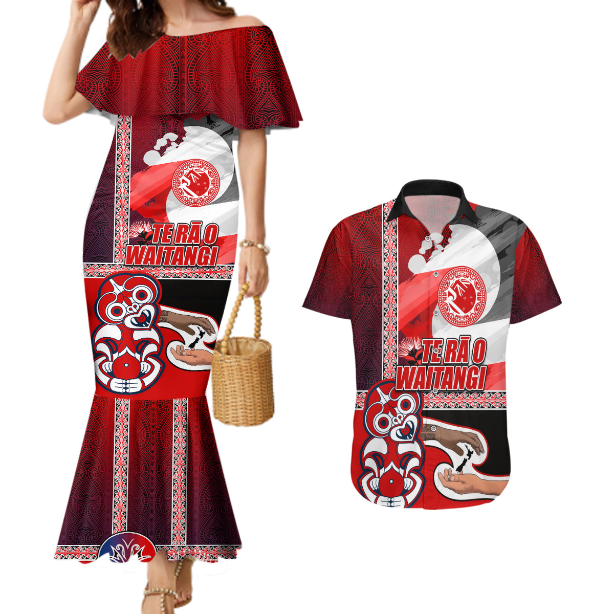 Maori Waitangi Couples Matching Mermaid Dress and Hawaiian Shirt Hei-tiki Koru with Tino Rangatiratanga Maori Flag LT03 Red - Polynesian Pride