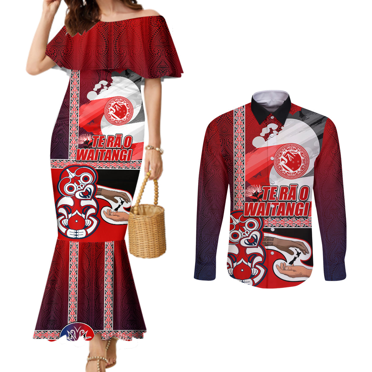 Maori Waitangi Couples Matching Mermaid Dress and Long Sleeve Button Shirt Hei-tiki Koru with Tino Rangatiratanga Maori Flag LT03 Red - Polynesian Pride