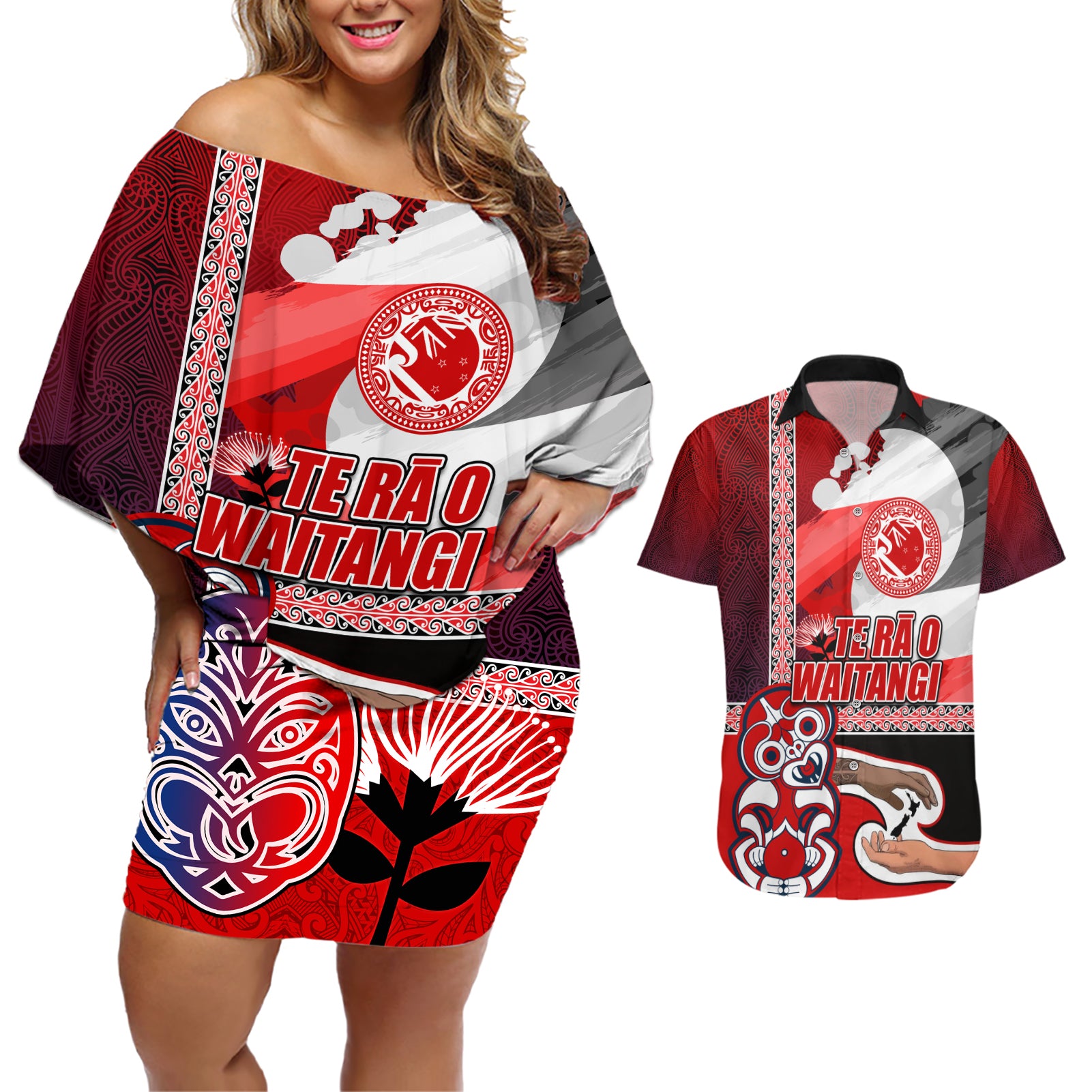 Maori Waitangi Couples Matching Off Shoulder Short Dress and Hawaiian Shirt Hei-tiki Koru with Tino Rangatiratanga Maori Flag LT03 Red - Polynesian Pride