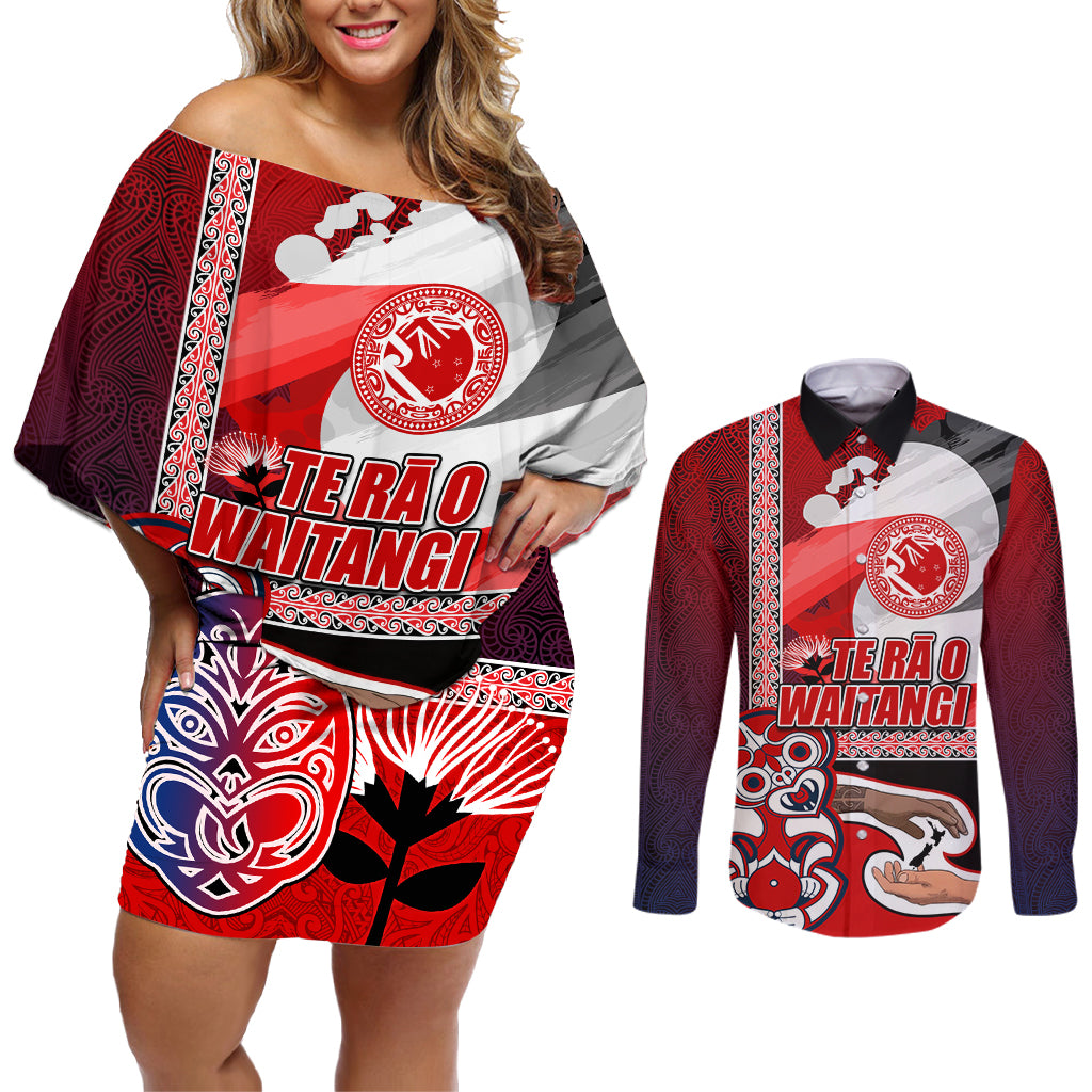 Maori Waitangi Couples Matching Off Shoulder Short Dress and Long Sleeve Button Shirt Hei-tiki Koru with Tino Rangatiratanga Maori Flag LT03 Red - Polynesian Pride