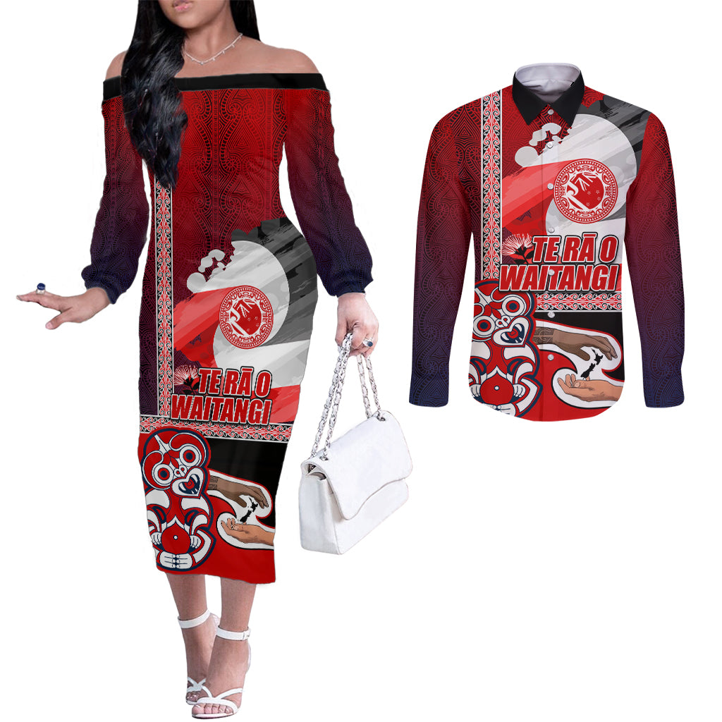 Maori Waitangi Couples Matching Off The Shoulder Long Sleeve Dress and Long Sleeve Button Shirt Hei-tiki Koru with Tino Rangatiratanga Maori Flag LT03 Red - Polynesian Pride