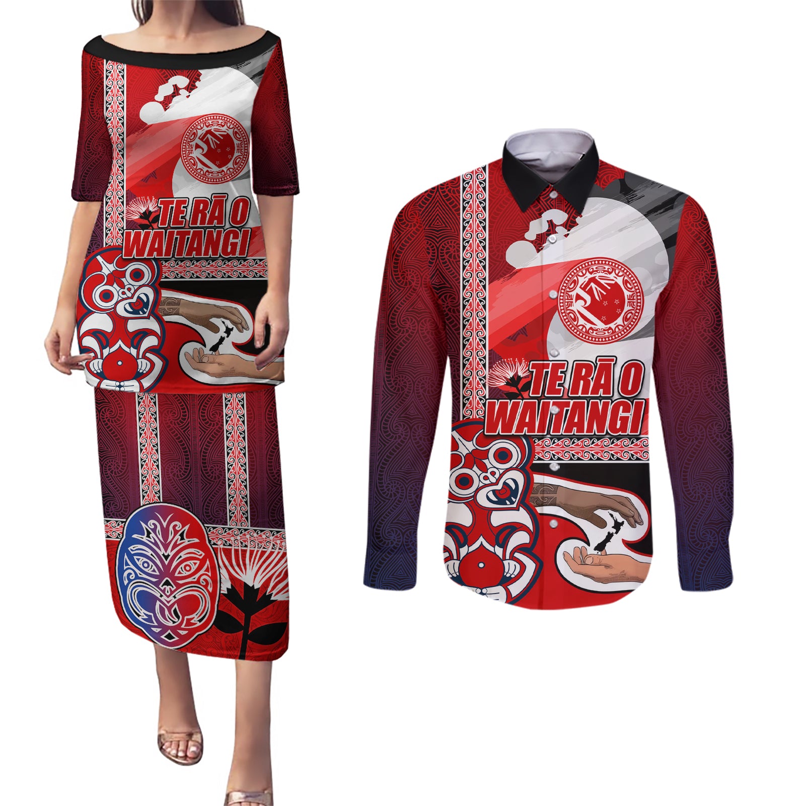 Maori Waitangi Couples Matching Puletasi and Long Sleeve Button Shirt Hei-tiki Koru with Tino Rangatiratanga Maori Flag LT03 Red - Polynesian Pride