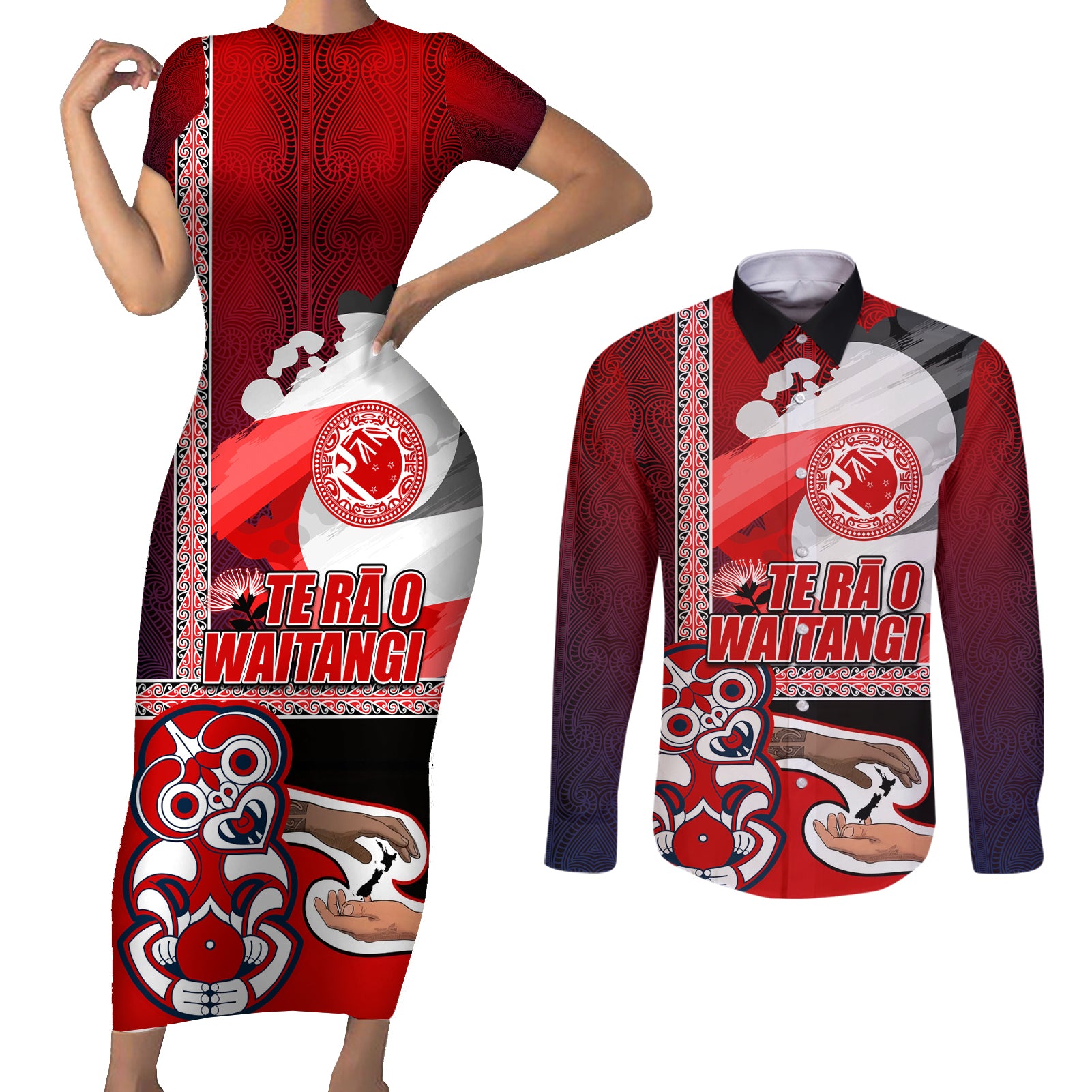 Maori Waitangi Couples Matching Short Sleeve Bodycon Dress and Long Sleeve Button Shirt Hei-tiki Koru with Tino Rangatiratanga Maori Flag LT03 Red - Polynesian Pride