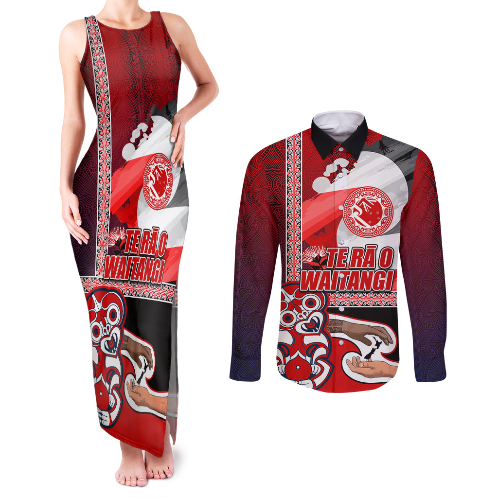 Maori Waitangi Couples Matching Tank Maxi Dress and Long Sleeve Button Shirt Hei-tiki Koru with Tino Rangatiratanga Maori Flag LT03 Red - Polynesian Pride