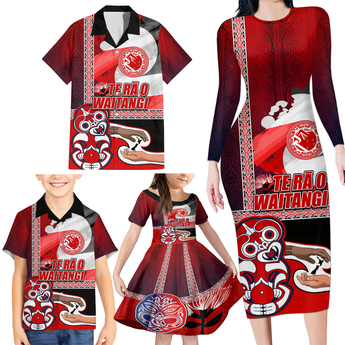 Maori Waitangi Family Matching Long Sleeve Bodycon Dress and Hawaiian Shirt Hei-tiki Koru with Tino Rangatiratanga Maori Flag LT03 - Polynesian Pride