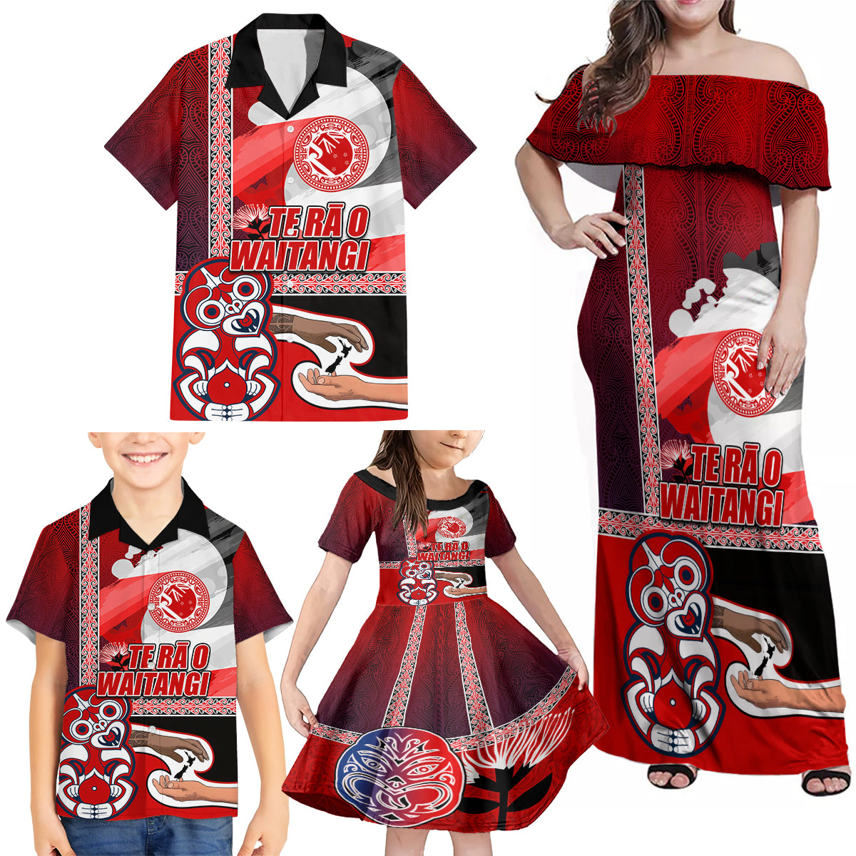 Maori Waitangi Family Matching Off Shoulder Maxi Dress and Hawaiian Shirt Hei-tiki Koru with Tino Rangatiratanga Maori Flag LT03 - Polynesian Pride