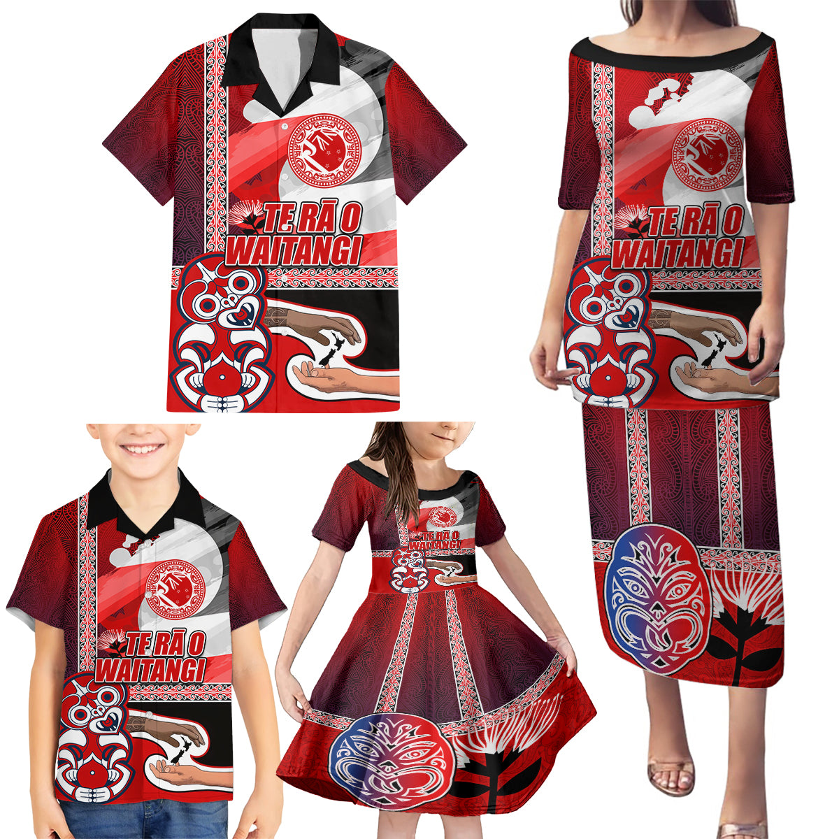 Maori Waitangi Family Matching Puletasi and Hawaiian Shirt Hei-tiki Koru with Tino Rangatiratanga Maori Flag LT03 - Polynesian Pride