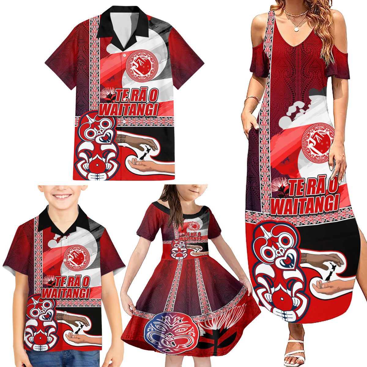 Maori Waitangi Family Matching Summer Maxi Dress and Hawaiian Shirt Hei-tiki Koru with Tino Rangatiratanga Maori Flag LT03 - Polynesian Pride