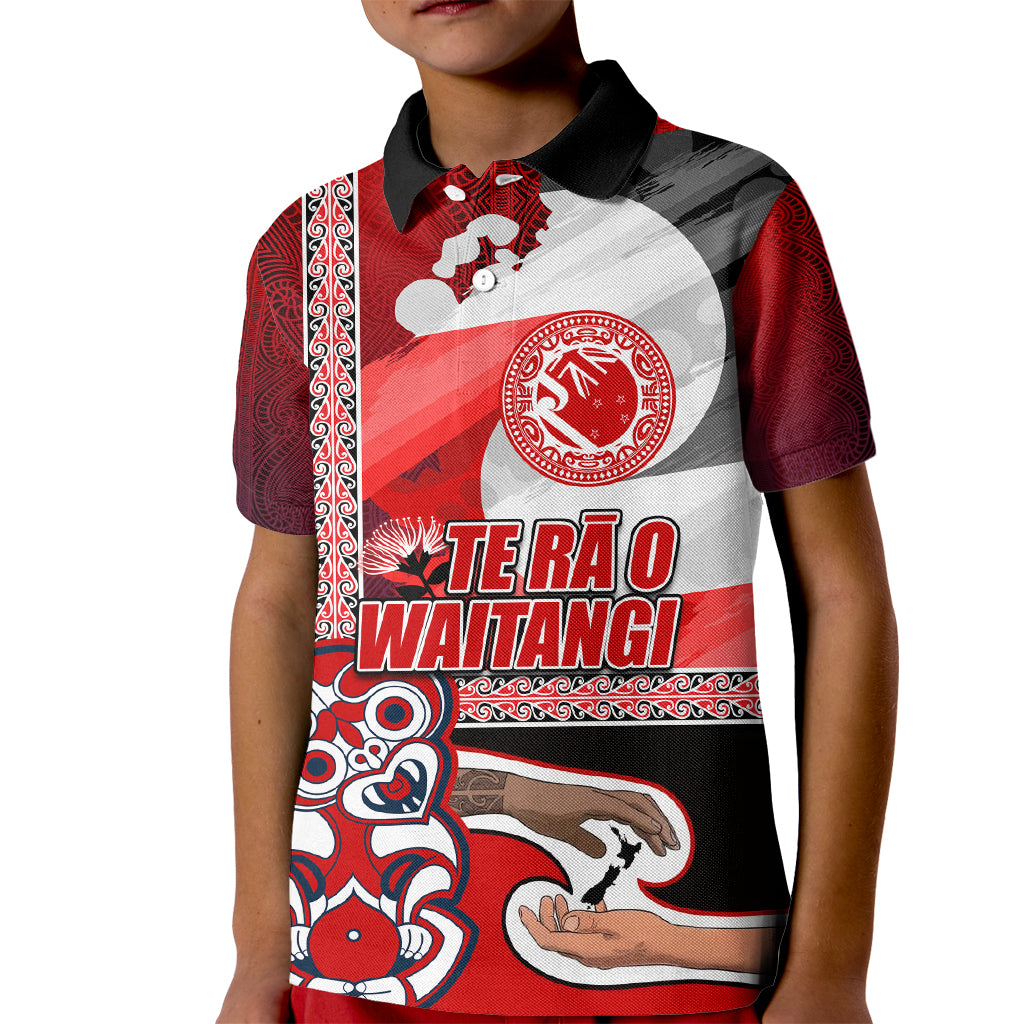 Maori Waitangi Kid Polo Shirt Hei-tiki Koru with Tino Rangatiratanga Maori Flag LT03 Kid Red - Polynesian Pride