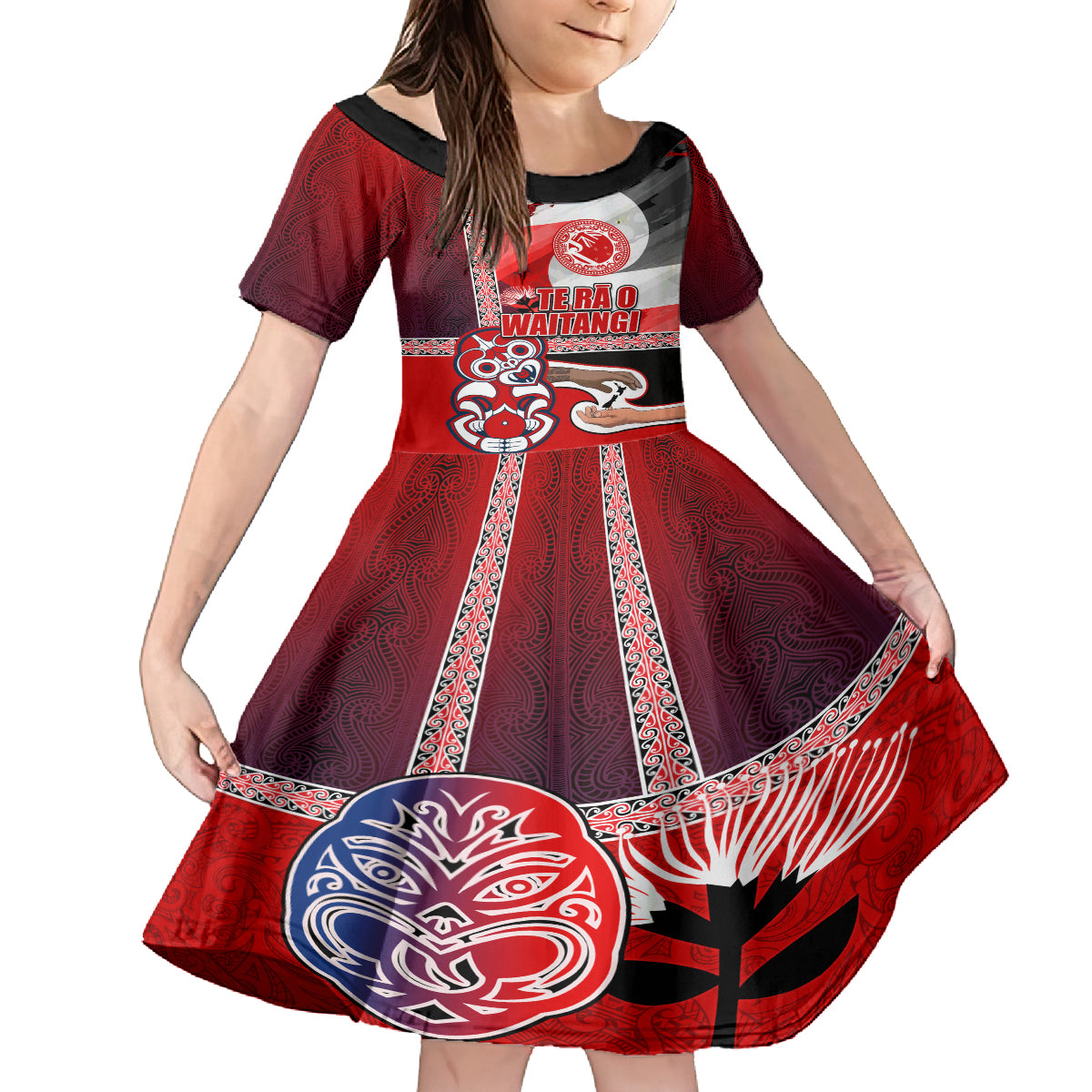 Maori Waitangi Kid Short Sleeve Dress Hei-tiki Koru with Tino Rangatiratanga Maori Flag LT03 KID Red - Polynesian Pride