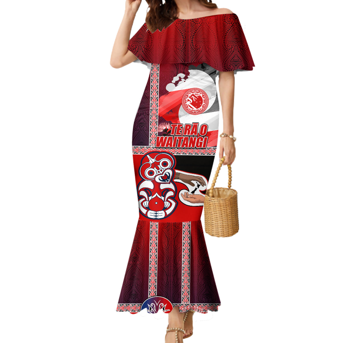 Maori Waitangi Mermaid Dress Hei-tiki Koru with Tino Rangatiratanga Maori Flag LT03 Women Red - Polynesian Pride