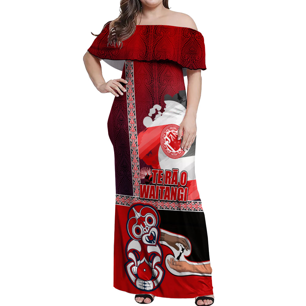 Maori Waitangi Off Shoulder Maxi Dress Hei-tiki Koru with Tino Rangatiratanga Maori Flag LT03 Women Red - Polynesian Pride